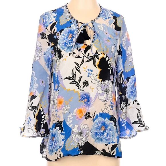 Tolani Silk Floral Fringe Cross Stitch Tie Neck Wide Bell Sleeve Bohemian Blouse - Picture 1 of 3